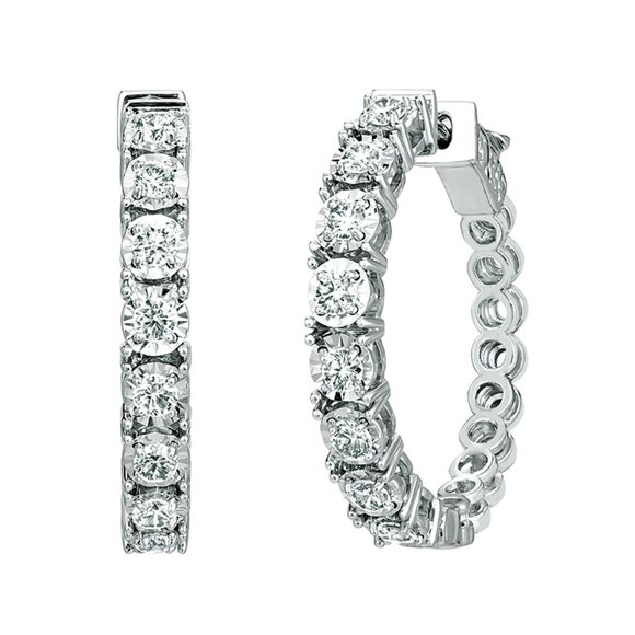 0.75 Carat Natural Diamond Hoop Earrings G-H SI 14K White Gold